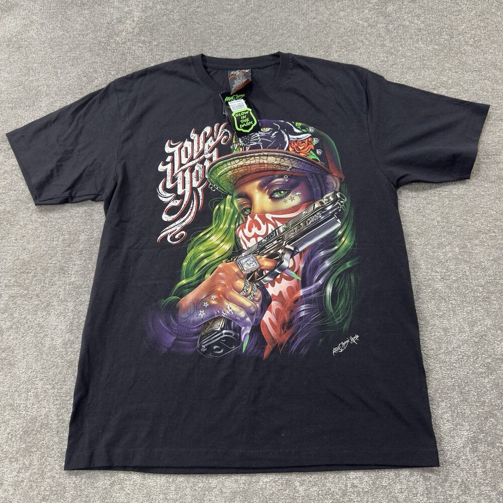 NWT Rock Chang Glow In The Dark Graphic T Shirt Studded Pistol Print BLK Mens XL